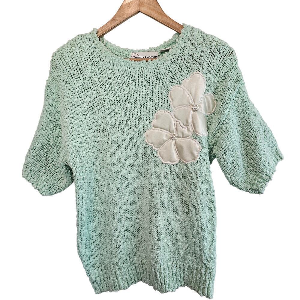 Vintage Floral Sweater Womens Medium Pastel Blue 80s Glam Rock Retro Cottage
